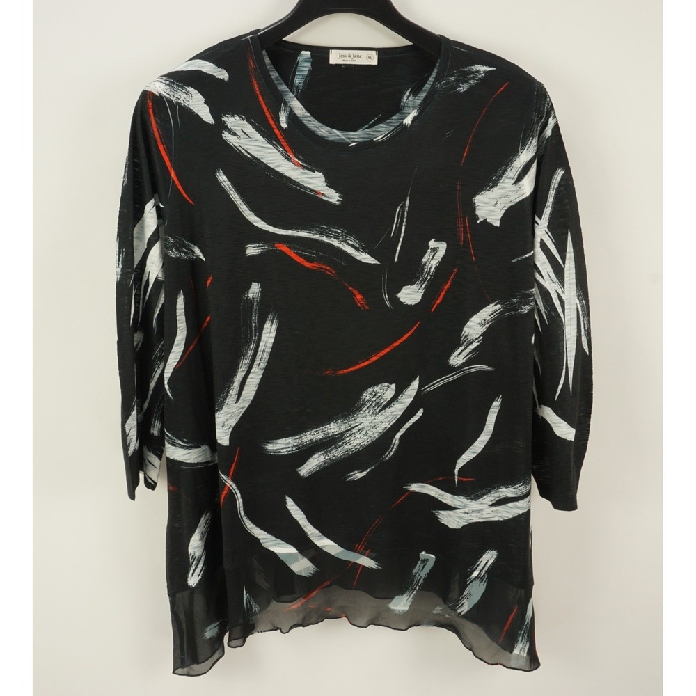 Jess & Jane Women's XL Abstract Artsy Geometric Knit 3/4 Sleeve‎ Top Black USA